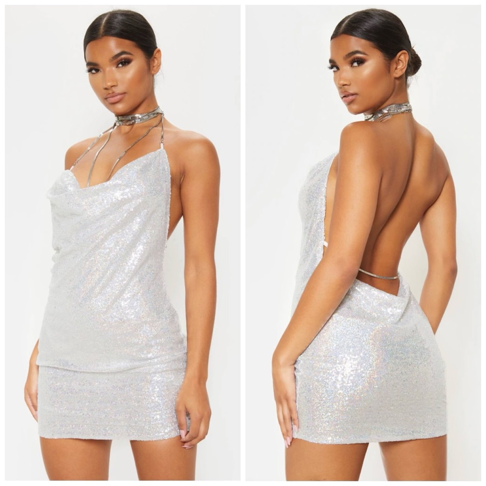 PLT Tarria Silver Sequin Chain Choker Mini Dress L